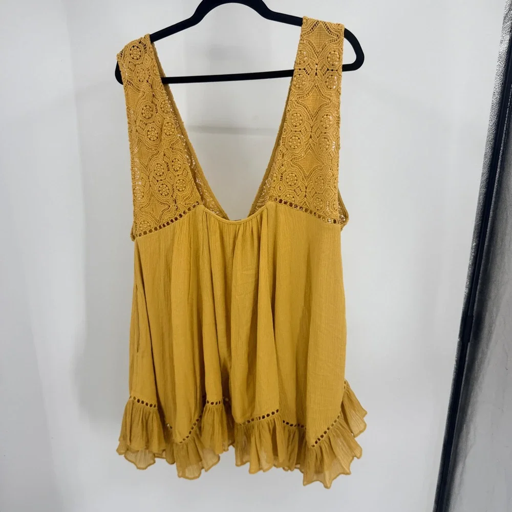 Free People Mustard Yellow Crochet Lace V-Neck Ruffle Mini Dress Womens Medium